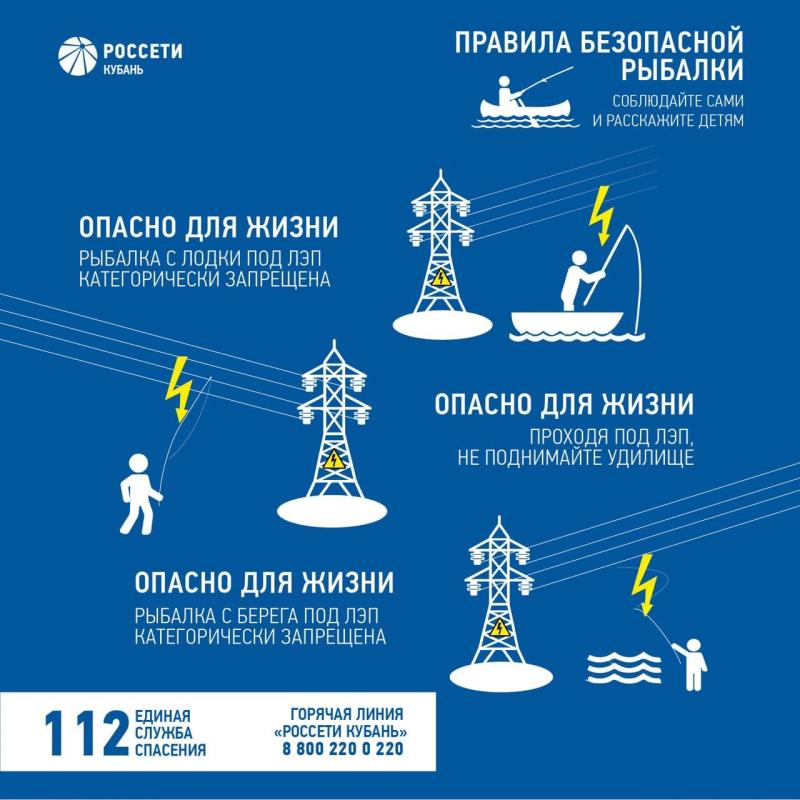 Юго-Западный филиал компании «Россети Кубань» предупреждает любителей рыбной ловли об опасности нахождения вблизи энергообъектов