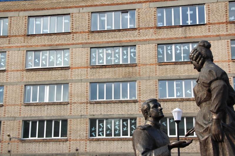 Клины летящих белых журавлей появились на окнах зданий забайкальского Росреестра